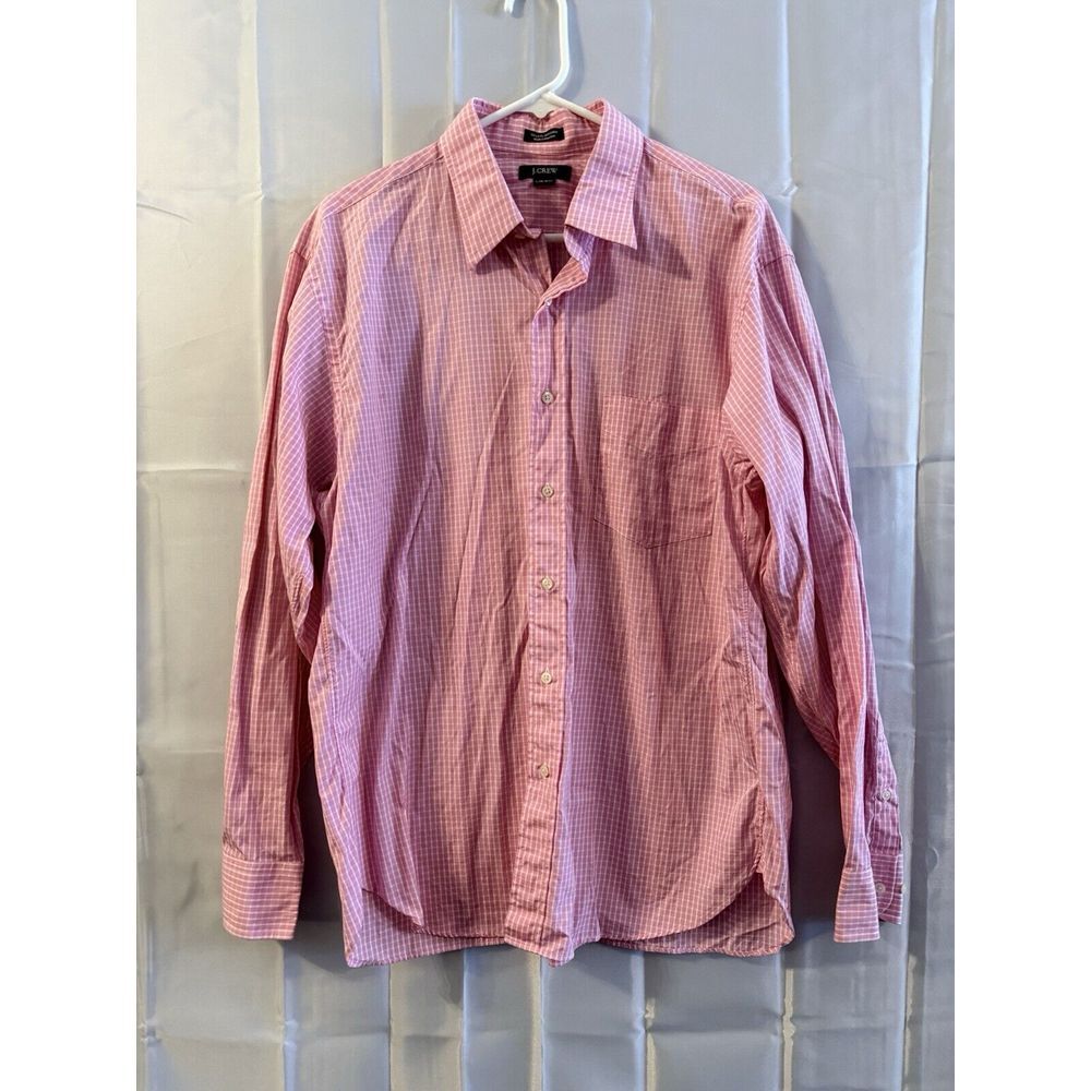 J Crew Mens‎ Shirt L 16-16.5 Pink White Check Gingham Long Sleeve Button Preppy